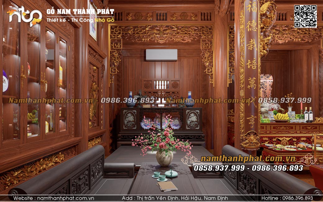 Bố trí nội thất nhà gỗ 3 gian phía bên phải